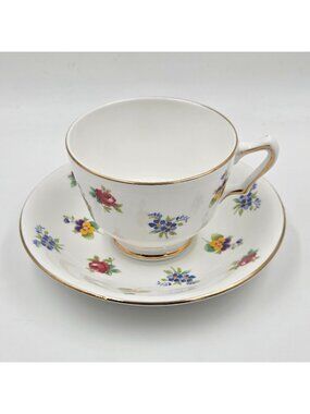 Crown Staffordshire Rose Pansy Red Blue Flowers Gold Trim Footed Cup Saucer Set